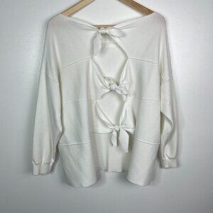 Alice + Olivia Open Tie Back Bow Drop Shoulder Sweater White